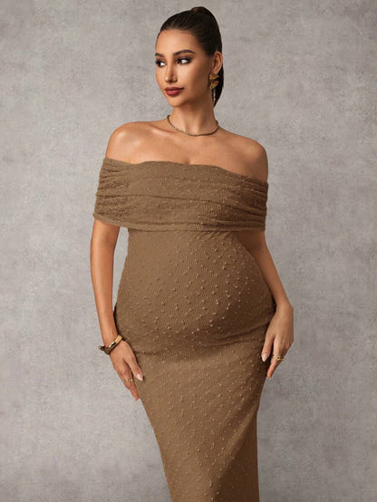 Maternity Off Shoulder Maxi Dress - Bodycon, Cap Sleeve, Apricot, Wedding