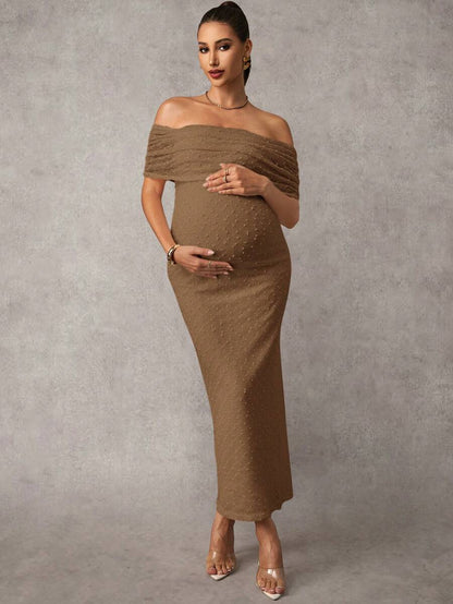 Maternity Off Shoulder Maxi Dress - Bodycon, Cap Sleeve, Apricot, Wedding