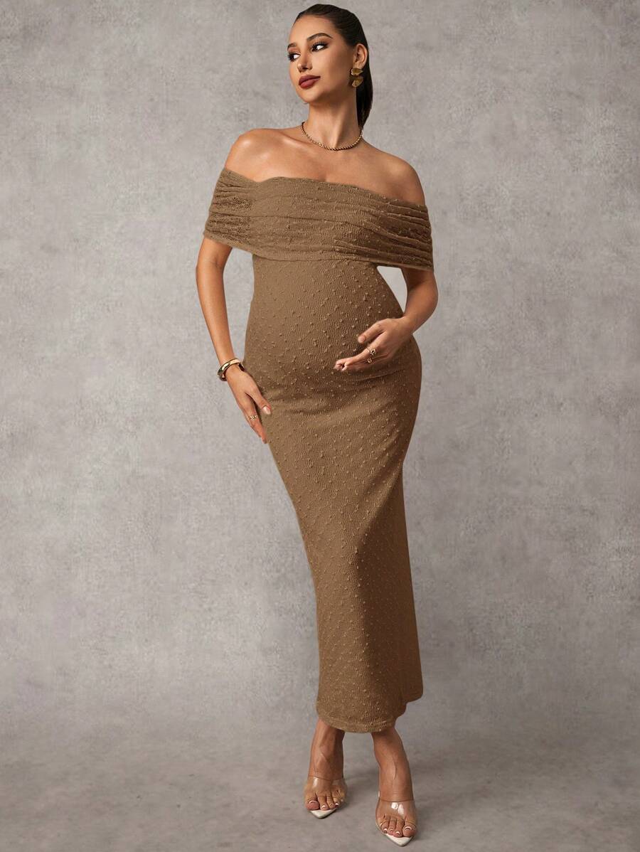 Maternity Off Shoulder Maxi Dress - Bodycon, Cap Sleeve, Apricot, Wedding