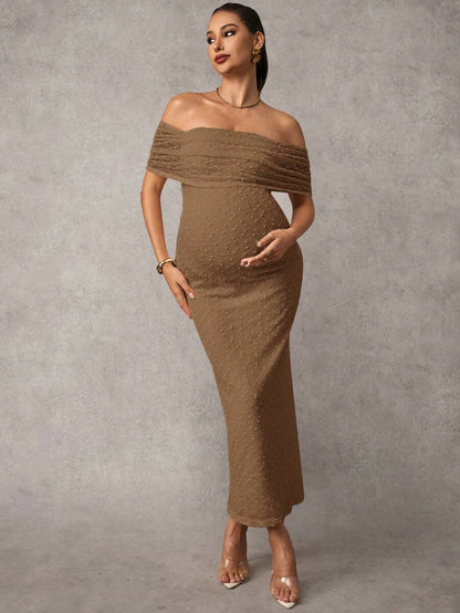 Maternity Off Shoulder Maxi Dress - Bodycon, Cap Sleeve, Apricot, Wedding