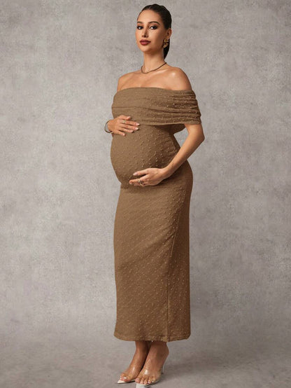 Maternity Off Shoulder Maxi Dress - Bodycon, Cap Sleeve, Apricot, Wedding