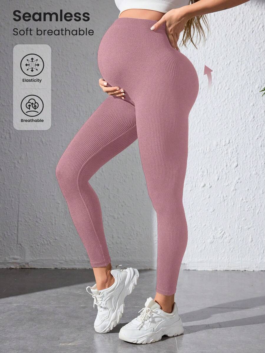 Maternity Sports Leggings - Seamless, High Waist, Cropped, Medium Stretch, Black