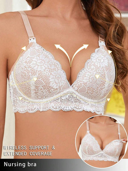 Elegant Brown Lace Nursing Bralette - Adjustable Strap Maternity Lingerie with Underwire Support and Medium Stretch