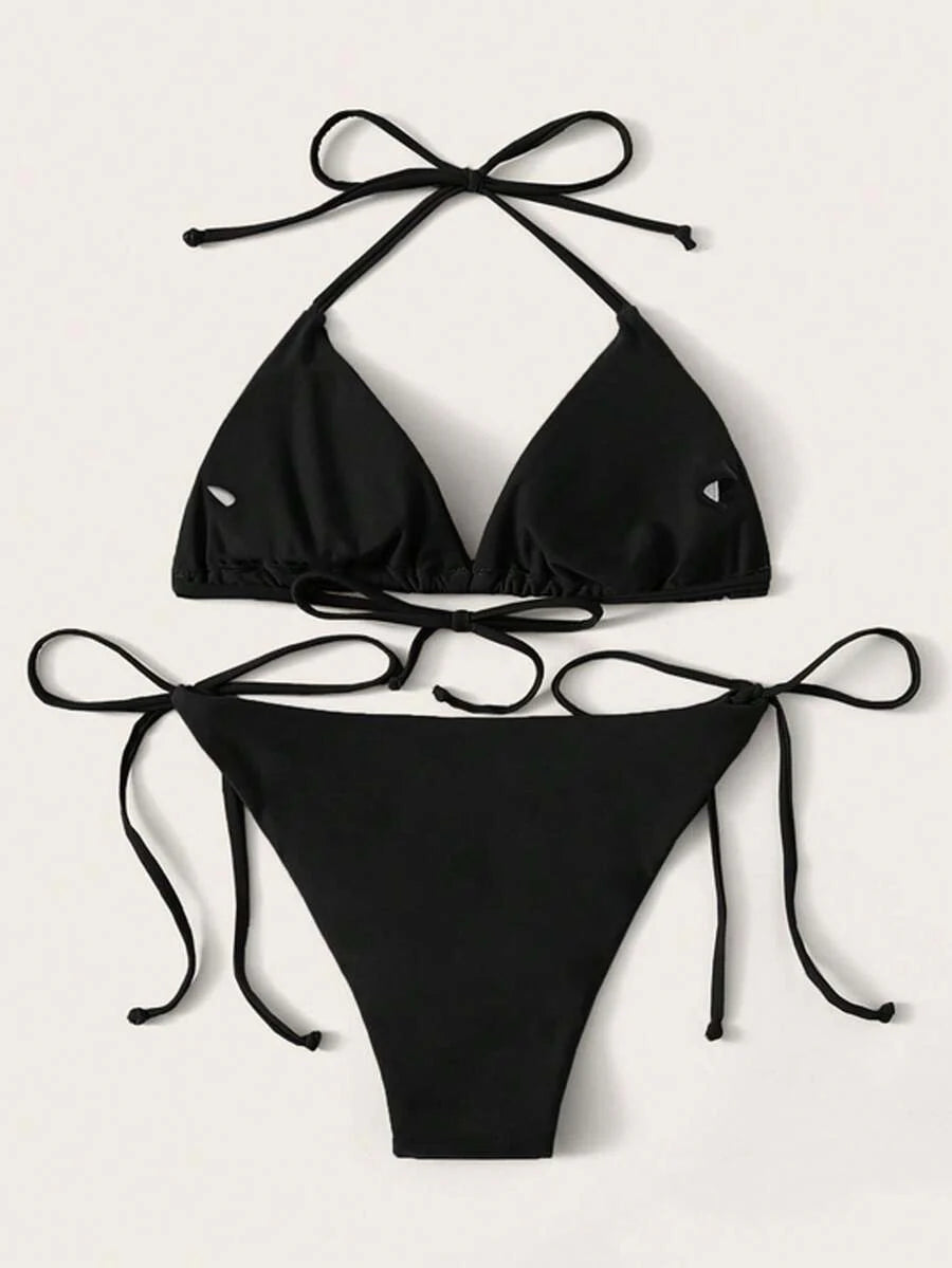 Women's Solid Halter Bikini Set - Knot Detail, Tie Side, Triangle Cup, Navy Blue