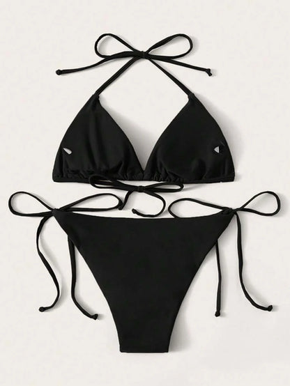 Women's Solid Halter Bikini Set - Knot Detail, Tie Side, Triangle Cup, Navy Blue