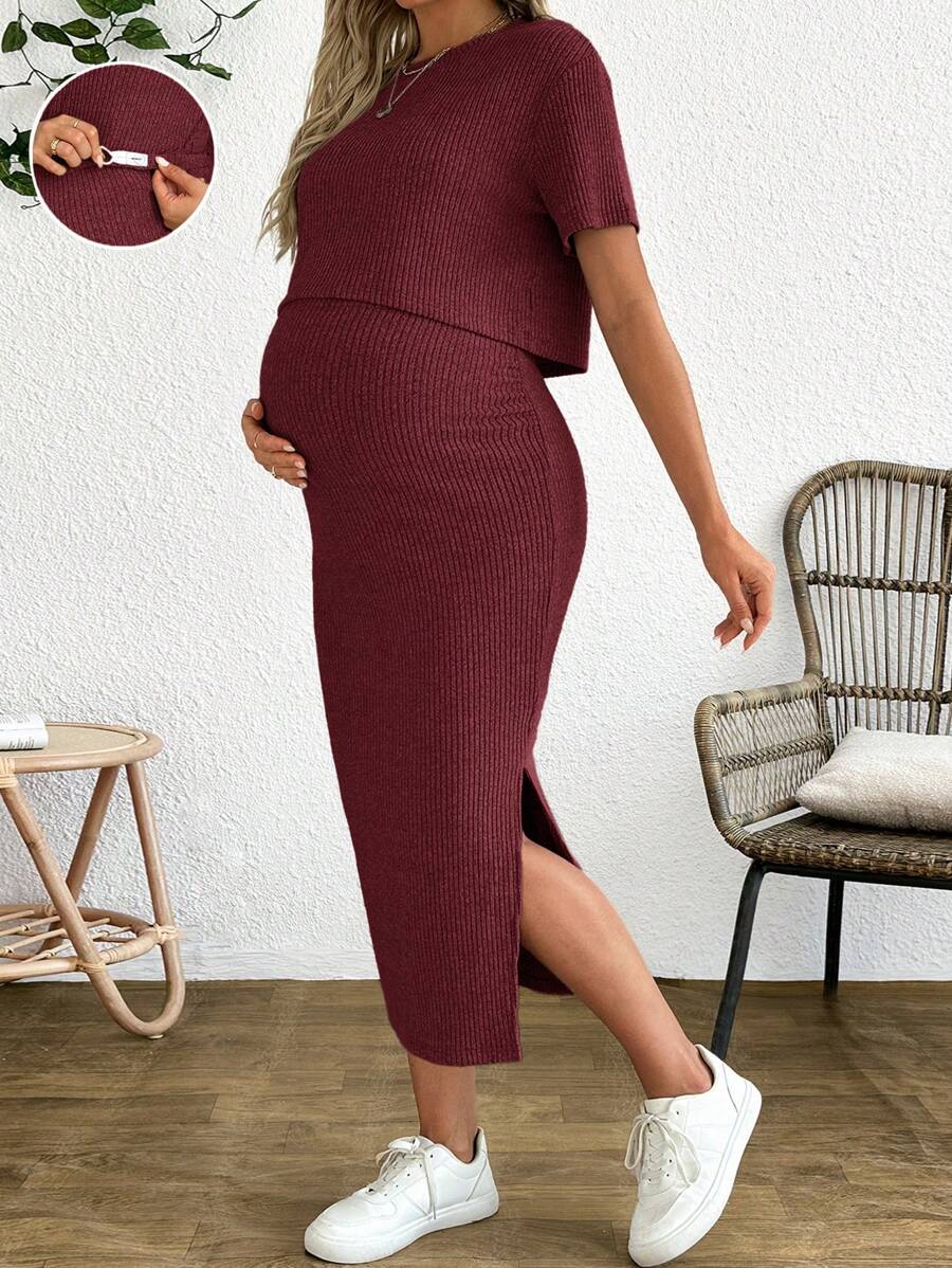 Maternity 2 Piece Set - Solid Color Short Sleeve Top and Skirt Summer Casual, Pregnancy Loungewear