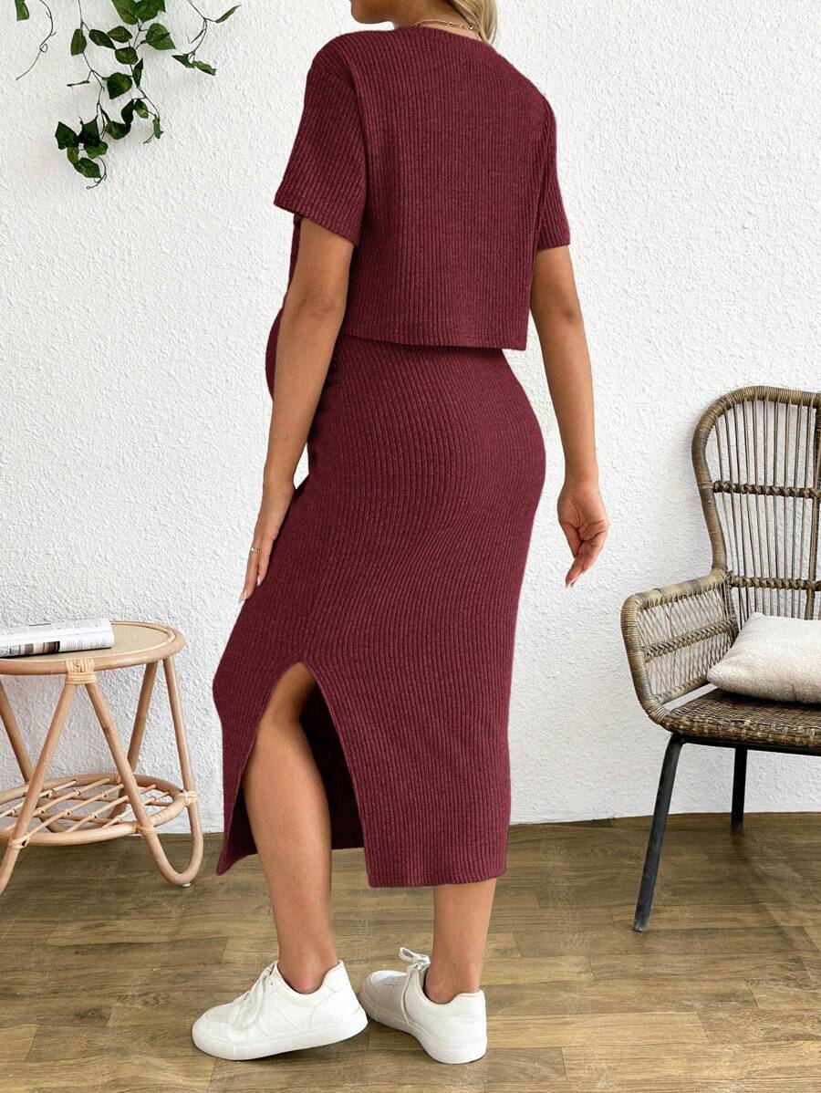 Maternity 2 Piece Set - Solid Color Short Sleeve Top and Skirt Summer Casual, Pregnancy Loungewear