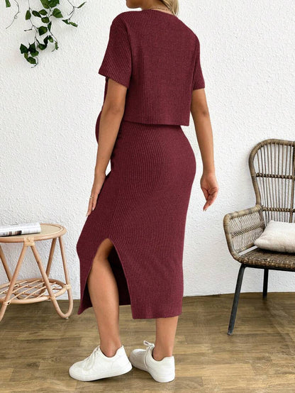 Maternity 2 Piece Set - Solid Color Short Sleeve Top and Skirt Summer Casual, Pregnancy Loungewear