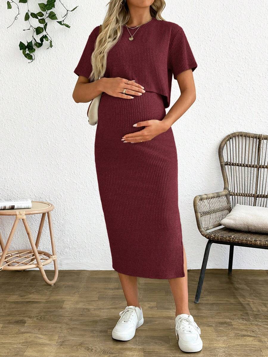 Maternity 2 Piece Set - Solid Color Short Sleeve Top and Skirt Summer Casual, Pregnancy Loungewear