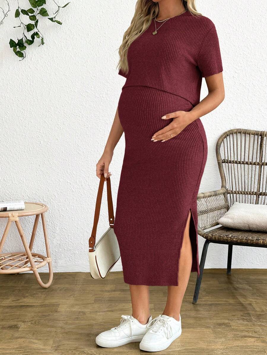 Maternity 2 Piece Set - Solid Color Short Sleeve Top and Skirt Summer Casual, Pregnancy Loungewear