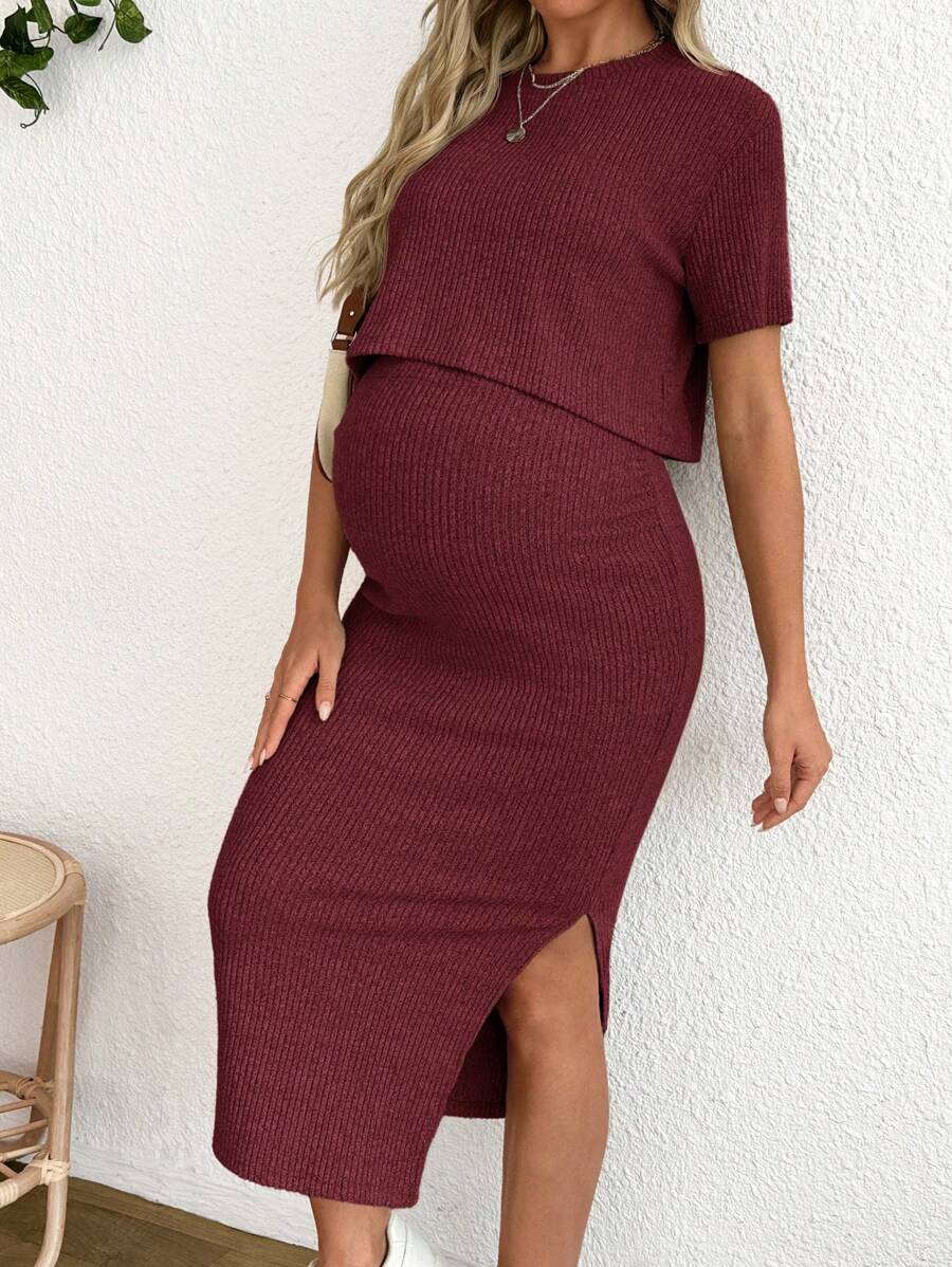 Maternity 2-Piece Set - Round Neck Crop Tee & Split Long Skirt, Apricot