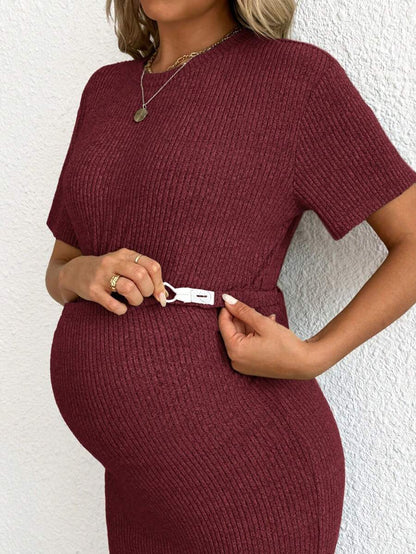 Maternity 2-Piece Set - Round Neck Crop Tee & Split Long Skirt, Apricot