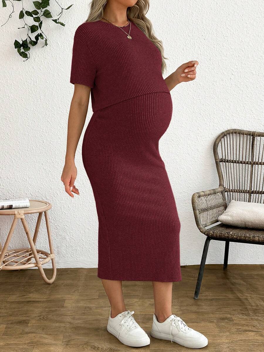 Maternity 2-Piece Set - Round Neck Crop Tee & Split Long Skirt, Apricot