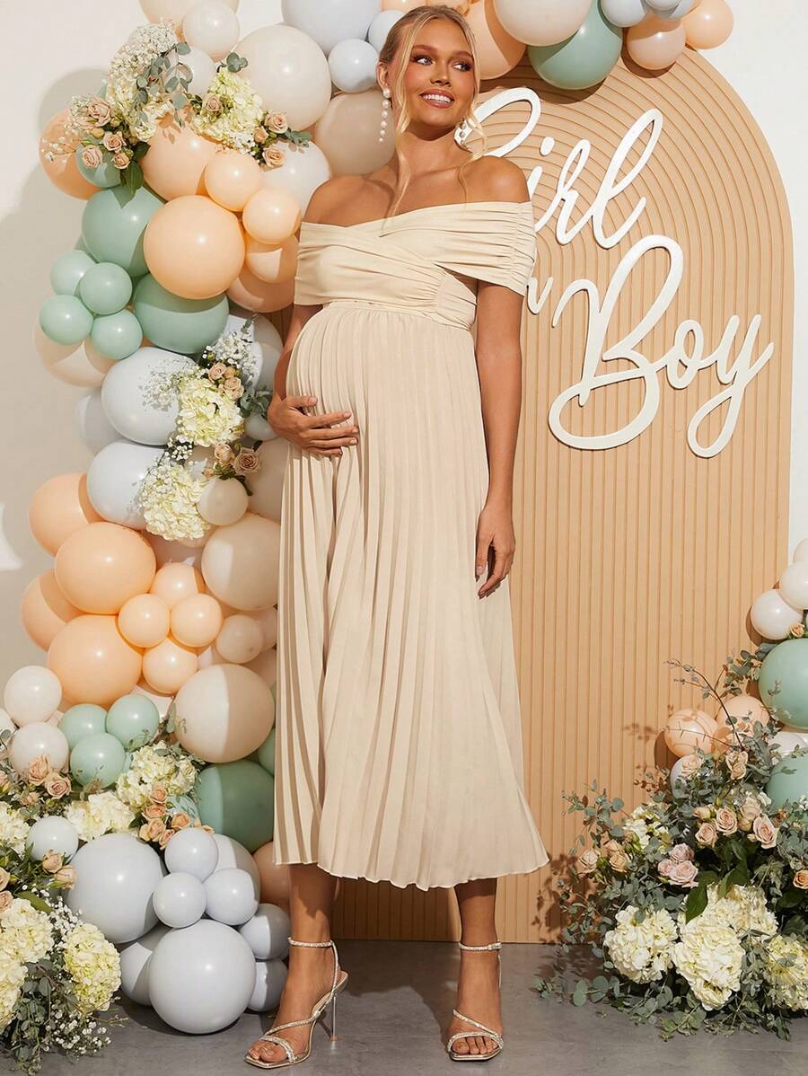 Maternity Off Shoulder Pleated Short Sleeve Dress Solid Color Slim Fit Elegant Pregnancy Gown for Baby Shower Gender Reveal Party Summer