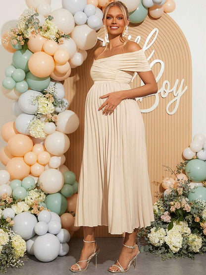 Maternity Off Shoulder Pleated Short Sleeve Dress Solid Color Slim Fit Elegant Pregnancy Gown for Baby Shower Gender Reveal Party Summer
