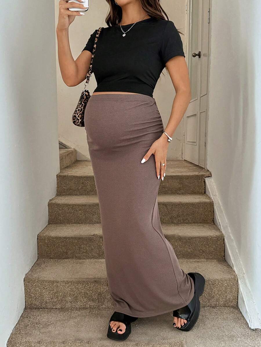 Maternity High Waist Pencil Maxi Skirt - Skinny Fit, Stretch Knit, Camel