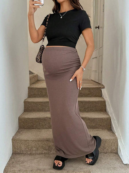 Maternity High Waist Pencil Maxi Skirt - Skinny Fit, Stretch Knit, Camel