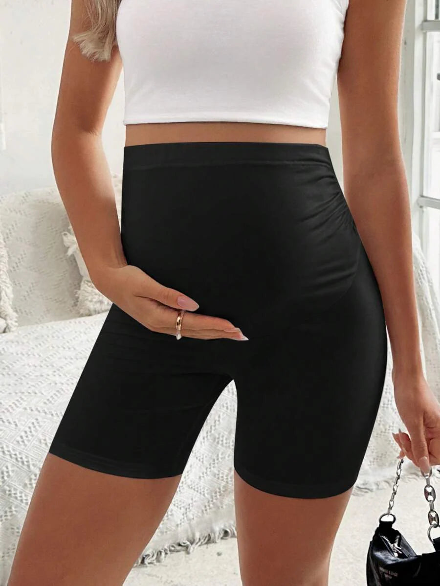 Royal Blue Ruched Maternity Shorts – High-Stretch Mid-Waist Beach Shorts with Frill Trim Details and Elastic Waist