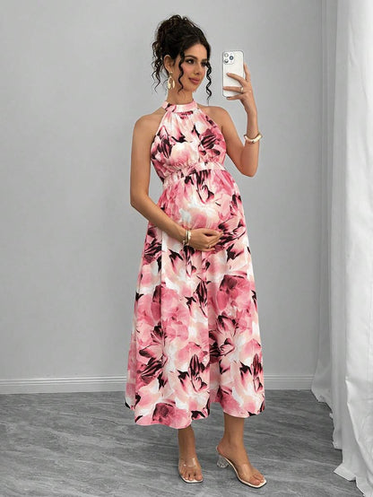 Teal Maternity Halter Waist Tie Dress Holiday Maternity Photoshoot Pregnant Summer Elegant