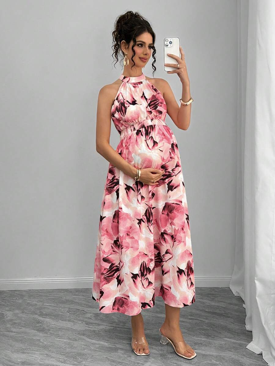 Maternity Halter A-Line Maxi Dress - Halter Neck, Cloak Sleeve, Printed, Long, Dark Green