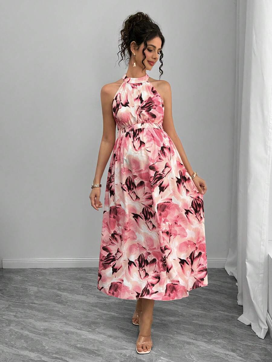 Teal Maternity Halter Waist Tie Dress Holiday Maternity Photoshoot Pregnant Summer Elegant