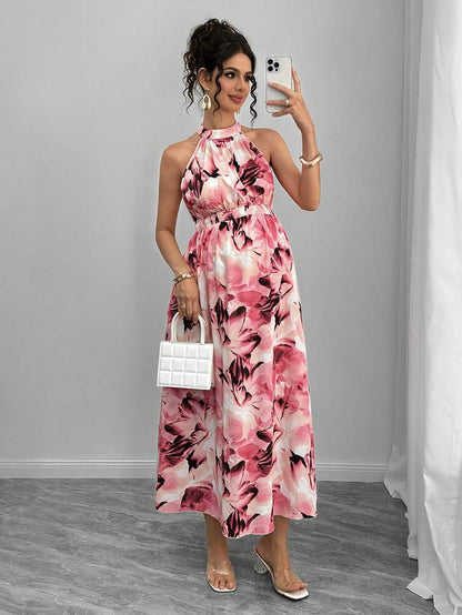 Teal Maternity Halter Waist Tie Dress Holiday Maternity Photoshoot Pregnant Summer Elegant