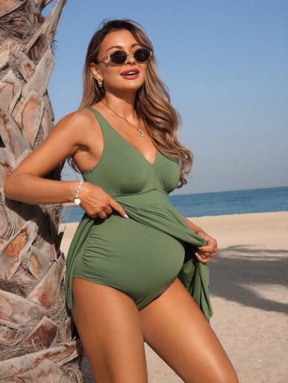Maternity V Neck Backless One Piece Swimsuit in Army Green, High Stretch Knitted Pregnancy Bathing Suit for Beach & Vacation
