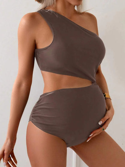 Maternity Bikini - Halter Neck Solid Top Triangle Bottom Stretch Beach Resort, Mom To Be