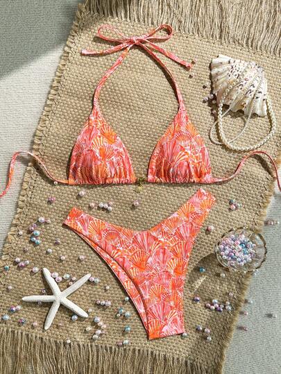 Swim Vcay Swim Mod Summer 2pcs Halter Random Floral Print & High Cut Bottoms Bikini Set, Beach Vacation