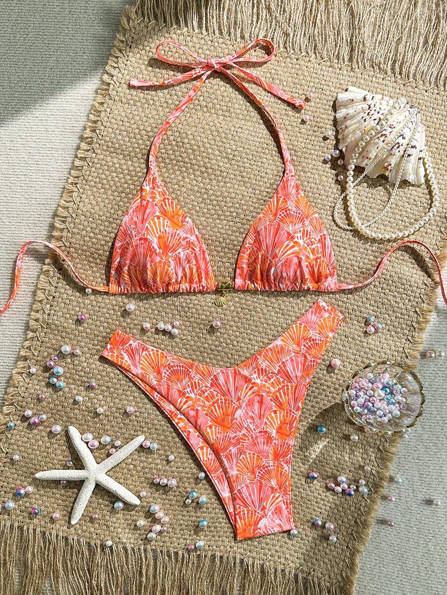 Swim Mod Summer 2 Pieces Outfits For Women - Spaghetti Strap Random Print Top And High Cut Swim Bottoms, Beach Holiday Bikini Set