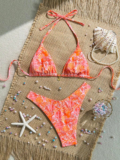 Swim Mod Summer 2 Pieces Outfits For Women - Spaghetti Strap Random Print Top And High Cut Swim Bottoms, Beach Holiday Bikini Set