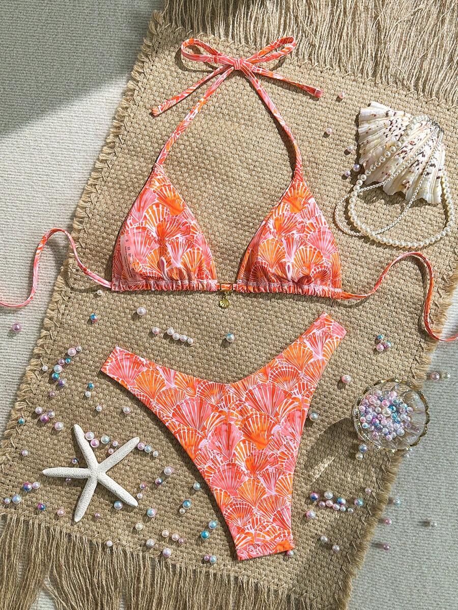 Swim Vcay Swim Mod Summer 2pcs Halter Random Floral Print & High Cut Bottoms Bikini Set, Beach Vacation