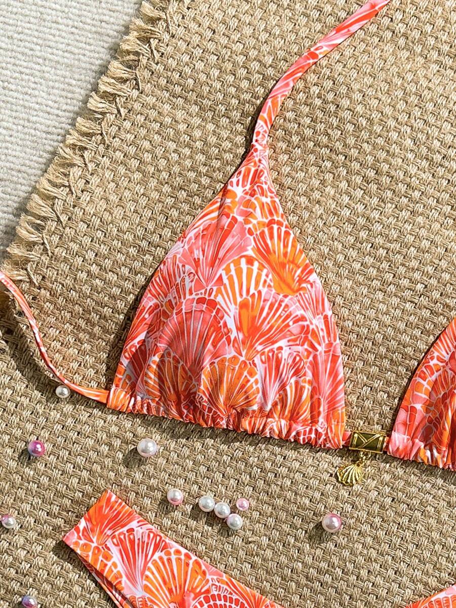 Swim Vcay Swim Mod Summer 2pcs Halter Random Floral Print & High Cut Bottoms Bikini Set, Beach Vacation