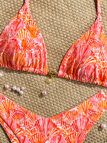 Swim Mod Summer 2 Pieces Outfits For Women - Spaghetti Strap Random Print Top And High Cut Swim Bottoms, Beach Holiday Bikini Set
