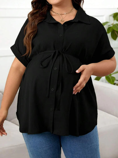 Plus Size Maternity Top - Shirt Collar, Batwing Short Sleeve, Belted Waist, Loose Fit, Black