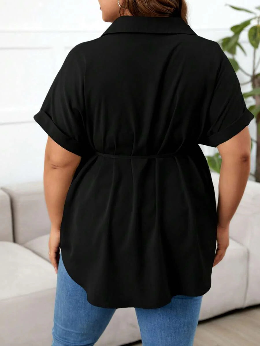 Plus Size Maternity Top - Shirt Collar, Batwing Short Sleeve, Belted Waist, Loose Fit, Black