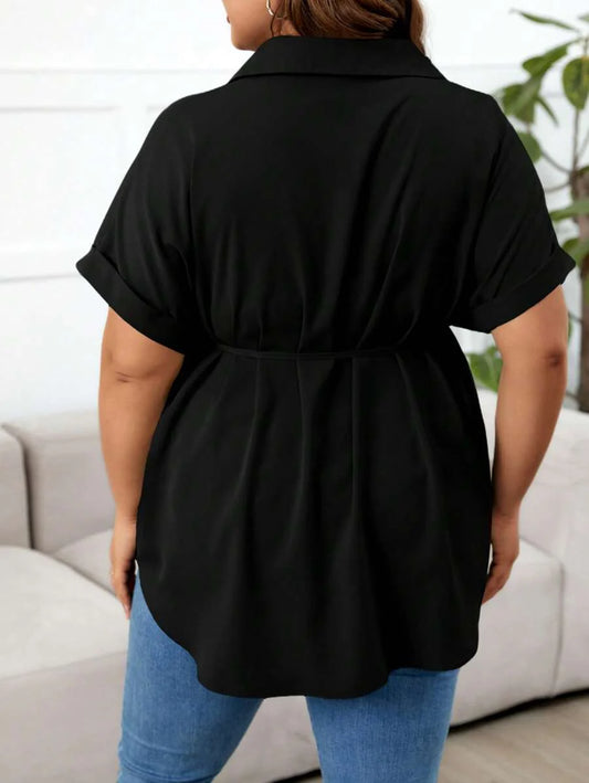 Plus Size Maternity Top - Shirt Collar, Batwing Short Sleeve, Belted Waist, Loose Fit, Black