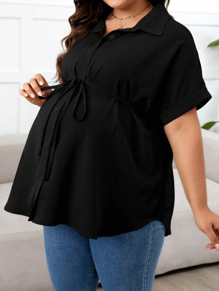 Plus Size Maternity Top - Shirt Collar, Batwing Short Sleeve, Belted Waist, Loose Fit, Black