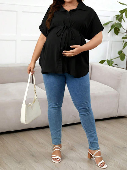 Plus Size Maternity Top - Shirt Collar, Batwing Short Sleeve, Belted Waist, Loose Fit, Black