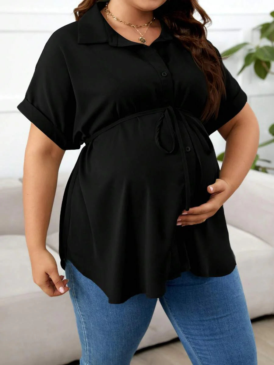 Plus Size Maternity Top - Shirt Collar, Batwing Short Sleeve, Belted Waist, Loose Fit, Black