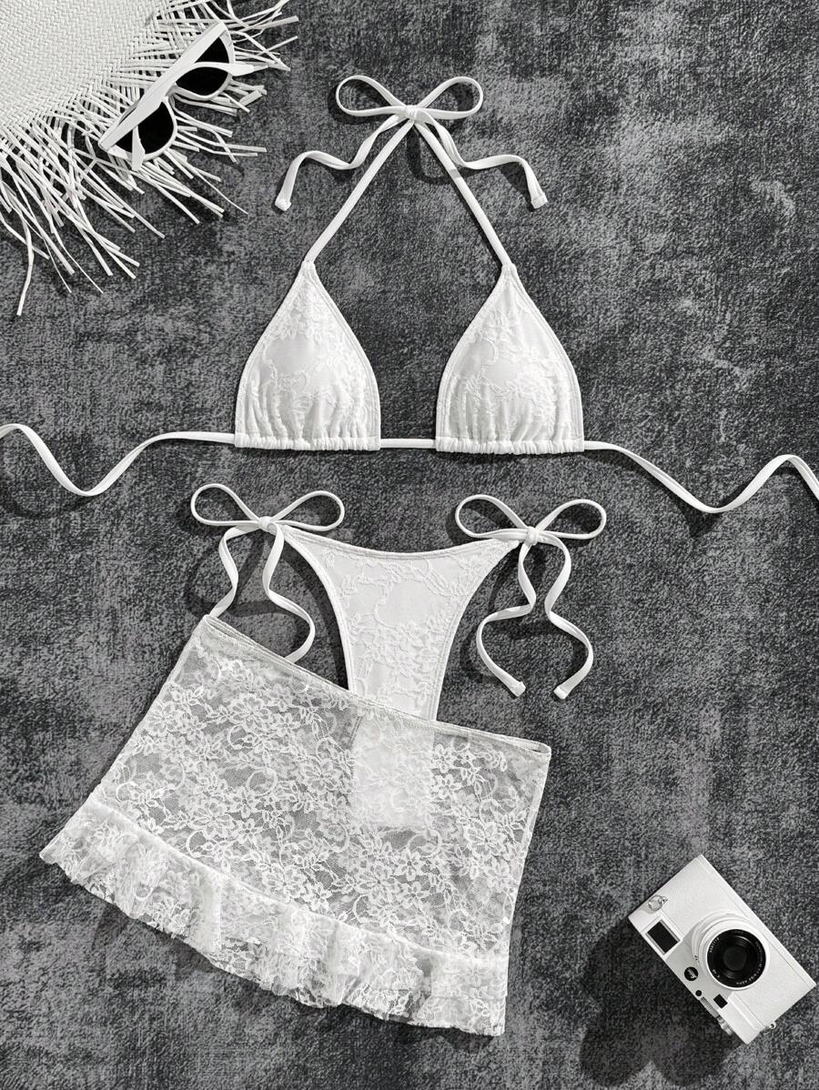 Women's 3-Piece Lace Bikini Set - Flounce Mini Skirt, Triangle Bra, G-String, Black