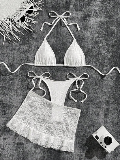 Women's 3-Piece Lace Bikini Set - Flounce Mini Skirt, Triangle Bra, G-String, Black
