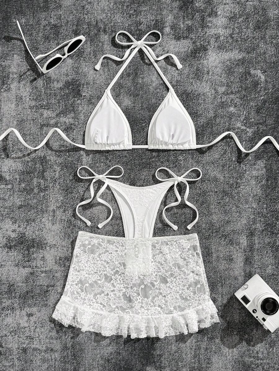 Women's 3-Piece Lace Bikini Set - Flounce Mini Skirt, Triangle Bra, G-String, Black