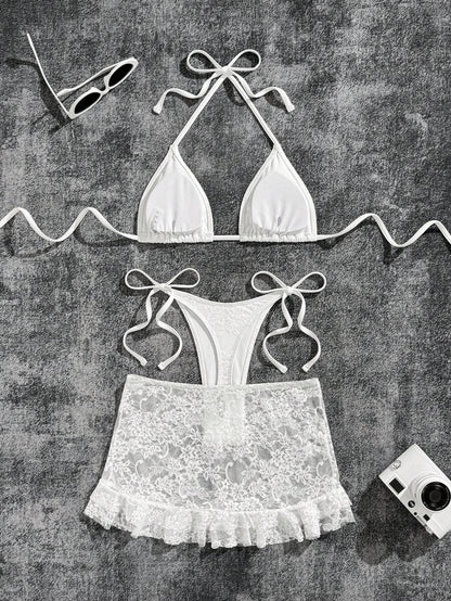 Women's 3-Piece Lace Bikini Set - Flounce Mini Skirt, Triangle Bra, G-String, Black