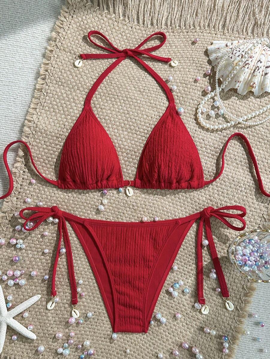 Women's Textured Halter Tie Bikini Set - Knot, Tie Side, High Waist, Blue