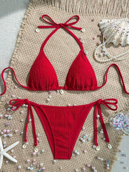 Women's Textured Halter Tie Bikini Set - Knot, Tie Side, High Waist, Blue