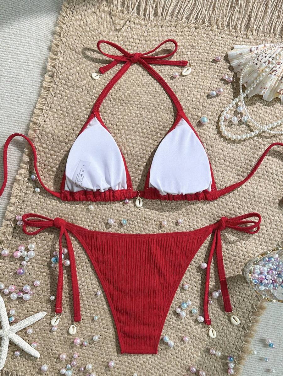 Women's Textured Halter Tie Bikini Set - Knot, Tie Side, High Waist, Blue