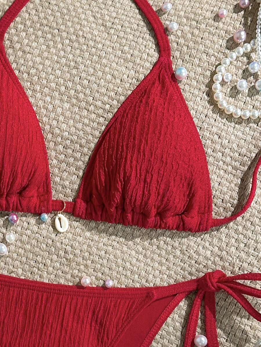 Women's Textured Halter Tie Bikini Set - Knot, Tie Side, High Waist, Blue