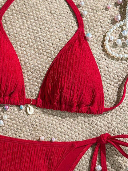 Women's Textured Halter Tie Bikini Set - Knot, Tie Side, High Waist, Blue