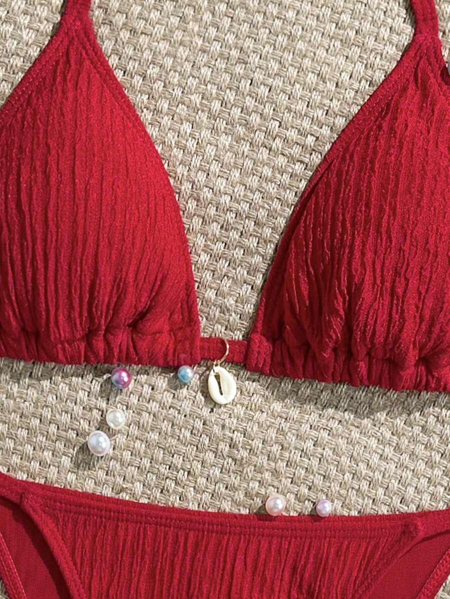 Women's Textured Halter Tie Bikini Set - Knot, Tie Side, High Waist, Blue